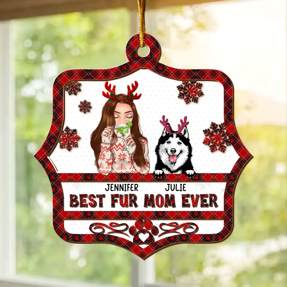 Personalized Pet Mom Wooden Ornament - Up to 4 Dogs/Cats - Christmas Gift Idea For Pet Lovers - Best Fur Mom Ever